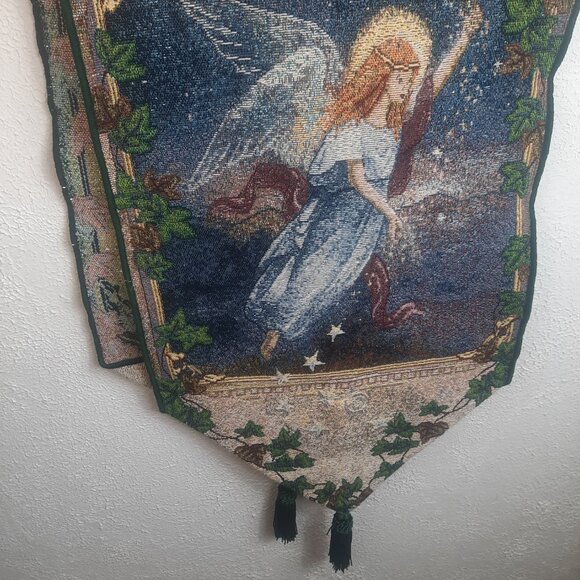 VTG Angel Tapestry Table Runner with Tassles 13"x72" MADE IN USA Angel of Wishes - Picture 4 of 4